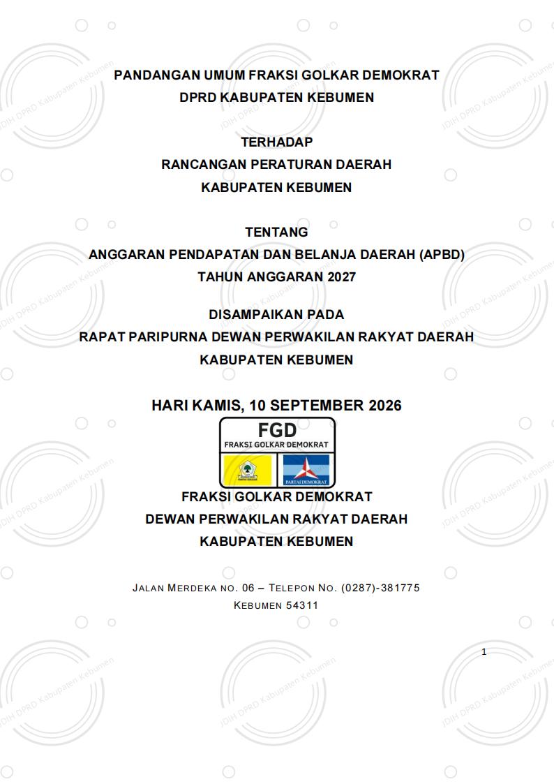 Pandangan Umum Fraksi Golkar Demokrat terhadap Raperda APBD Kabupaten Kebumen Tahun Anggaran 2027